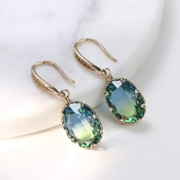 ⛔️SOLD⛔️ 2-Tone Glass Jewel Blue Green Ombre Rhinestones Drop Dangle Earrings - Picture 4 of 12